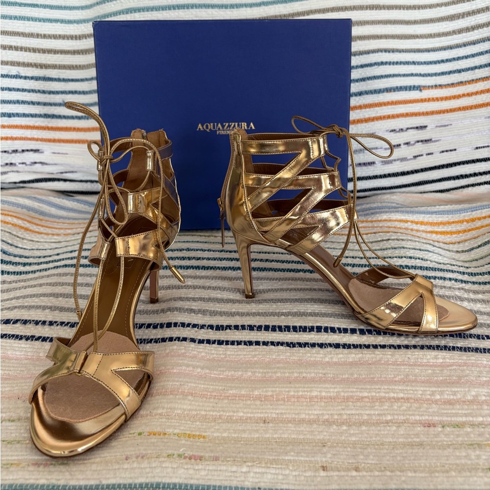 Aquazzura Metallic Gold Leather Lace-Up Heels